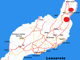 Landkarte mit der Lage von den Kakteen-Feldern auf der kanarischen Insel Lanzarote.